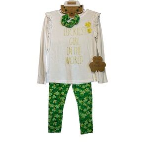Rae Dunn NWT Girls 3pc St Patrick’s Day Irish Top Leggings Scrunchie Size 4